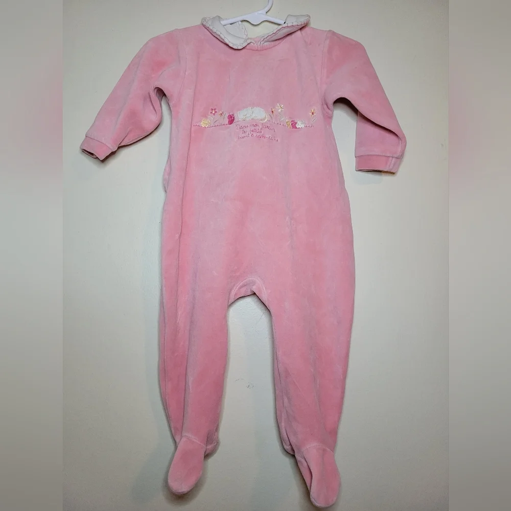 baby bear vintage French pink fleece one piece pajamas, 9 - 12 months